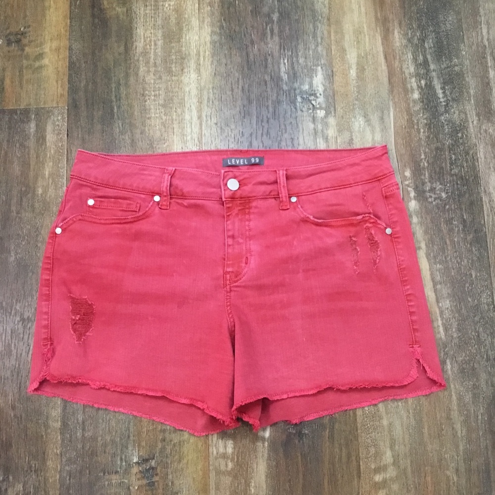 Level 99 Red Distressed Denim Shorts